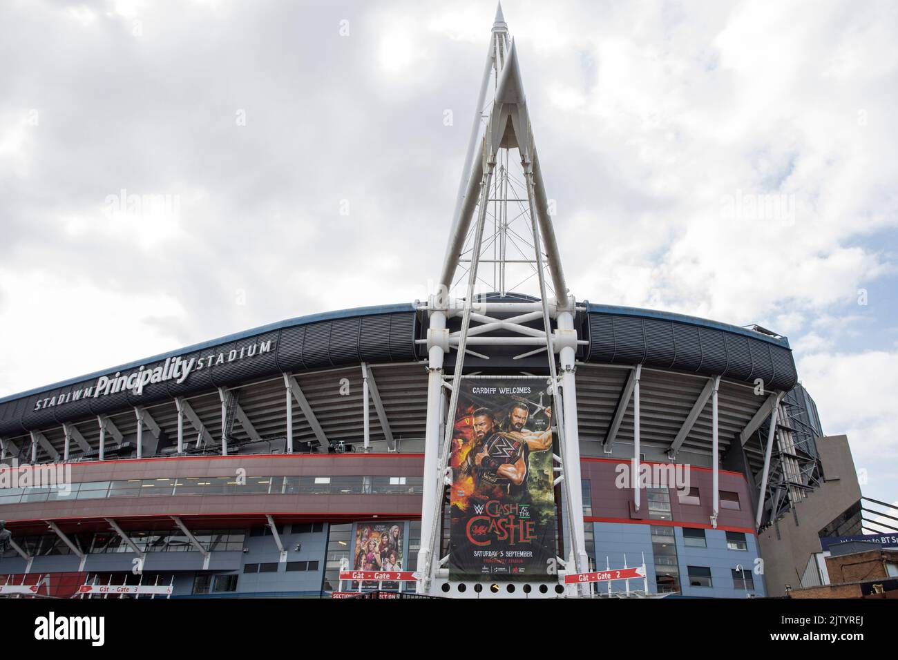 Cardiff, Wales, UK. 2nd Sep, 2022. The Principality Stadium with branding for the WWE Clash At The Castle wrestling event on 3 September. Credit: Mark Hawkins/Alamy Live News Stock Photo