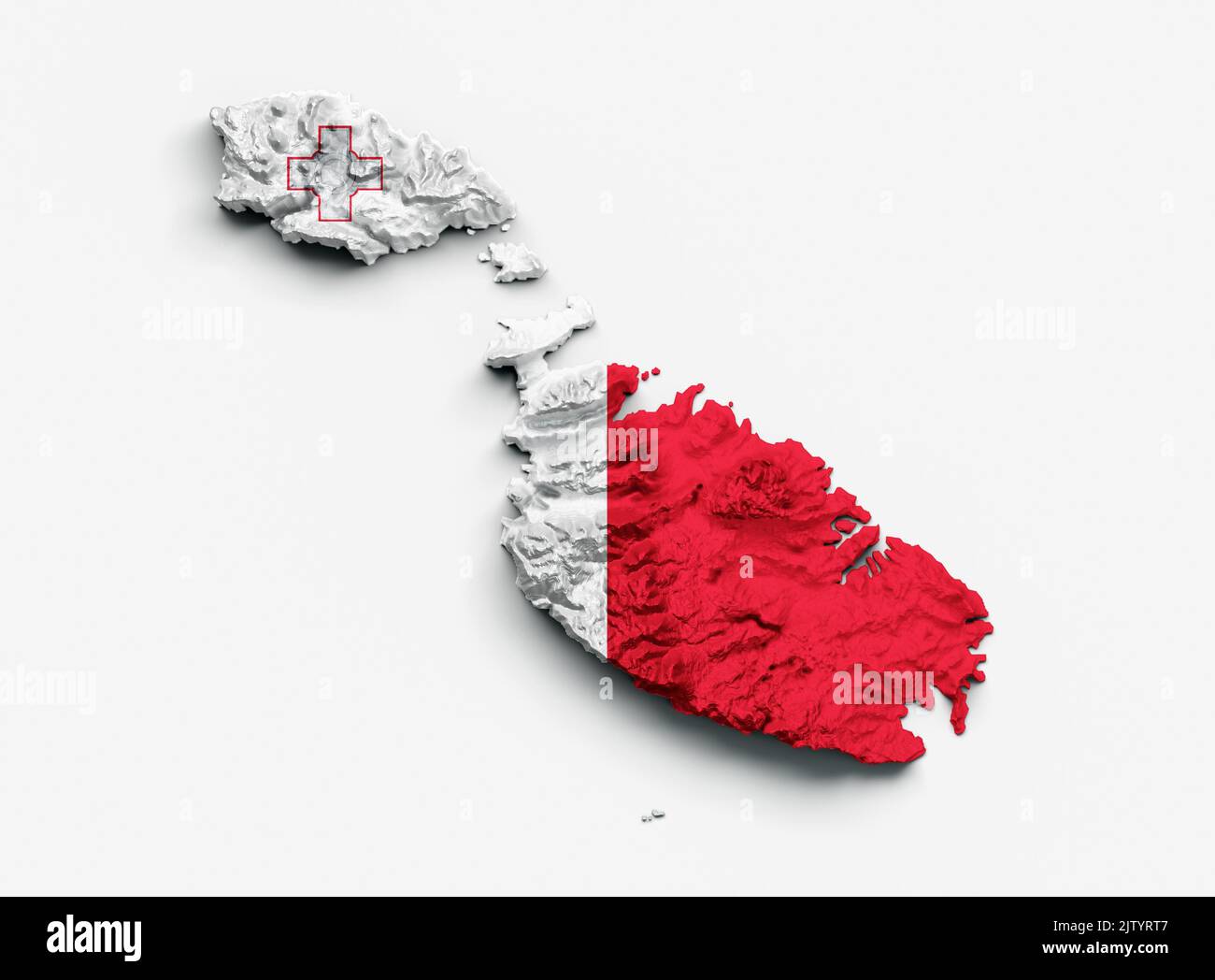 A 3d illustration of Malta Map Malta Flag Height map isolated on white Background Stock Photo
