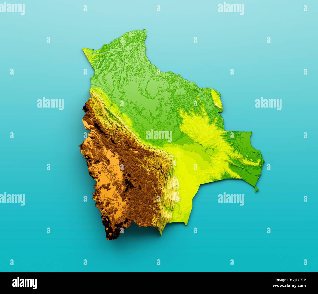 A 3d illustration of Bolivia Map Shaded relief Color Height map isolated on blue Background Stock Photo