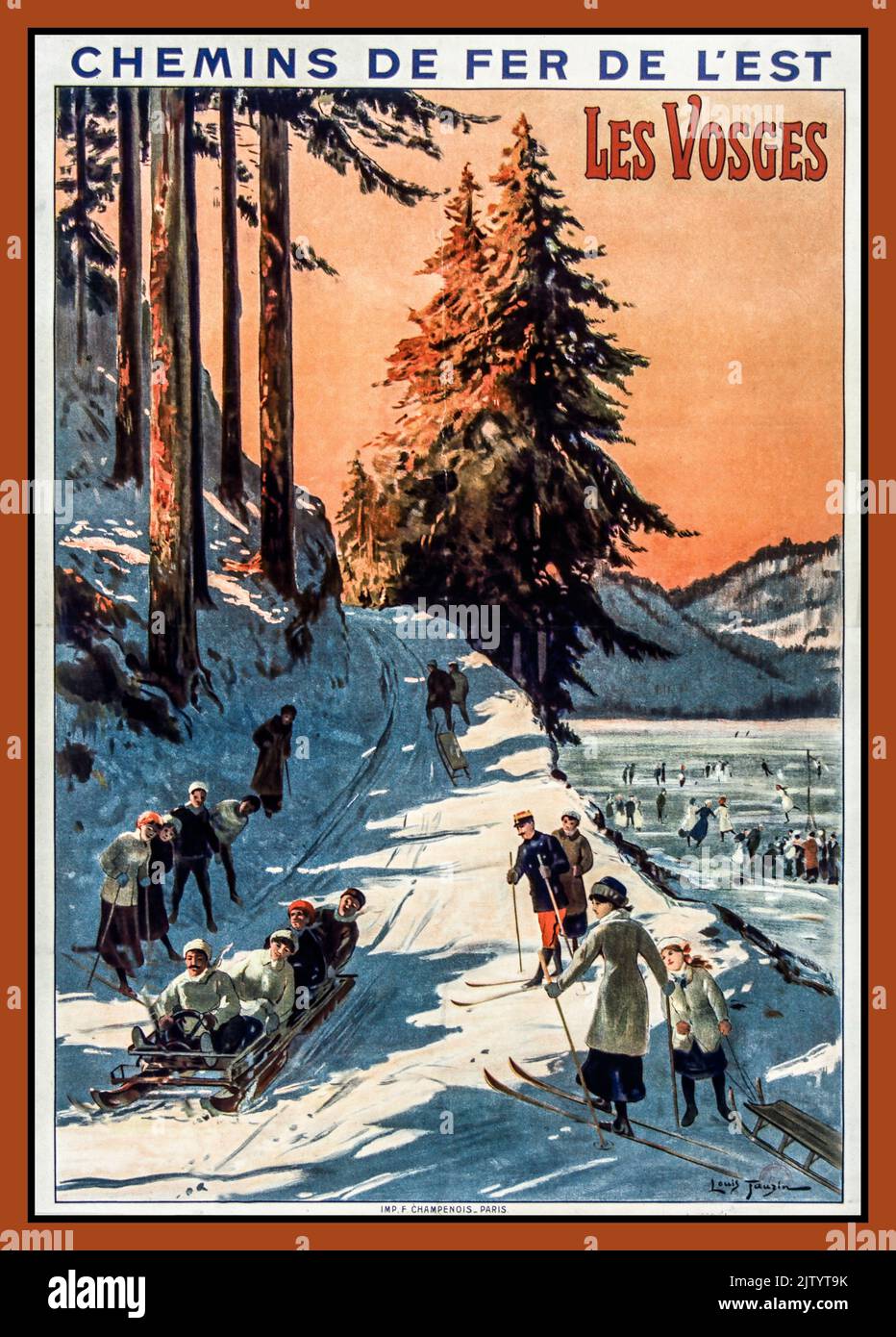 Vintage French Railways Travel Poster Winter Sports Family Fun Ski skiing Chemins de fer de l'Est. Les Vosges, affiche VOSGES Winter Snow France 1900s by artist Louis Tauzin Stock Photo