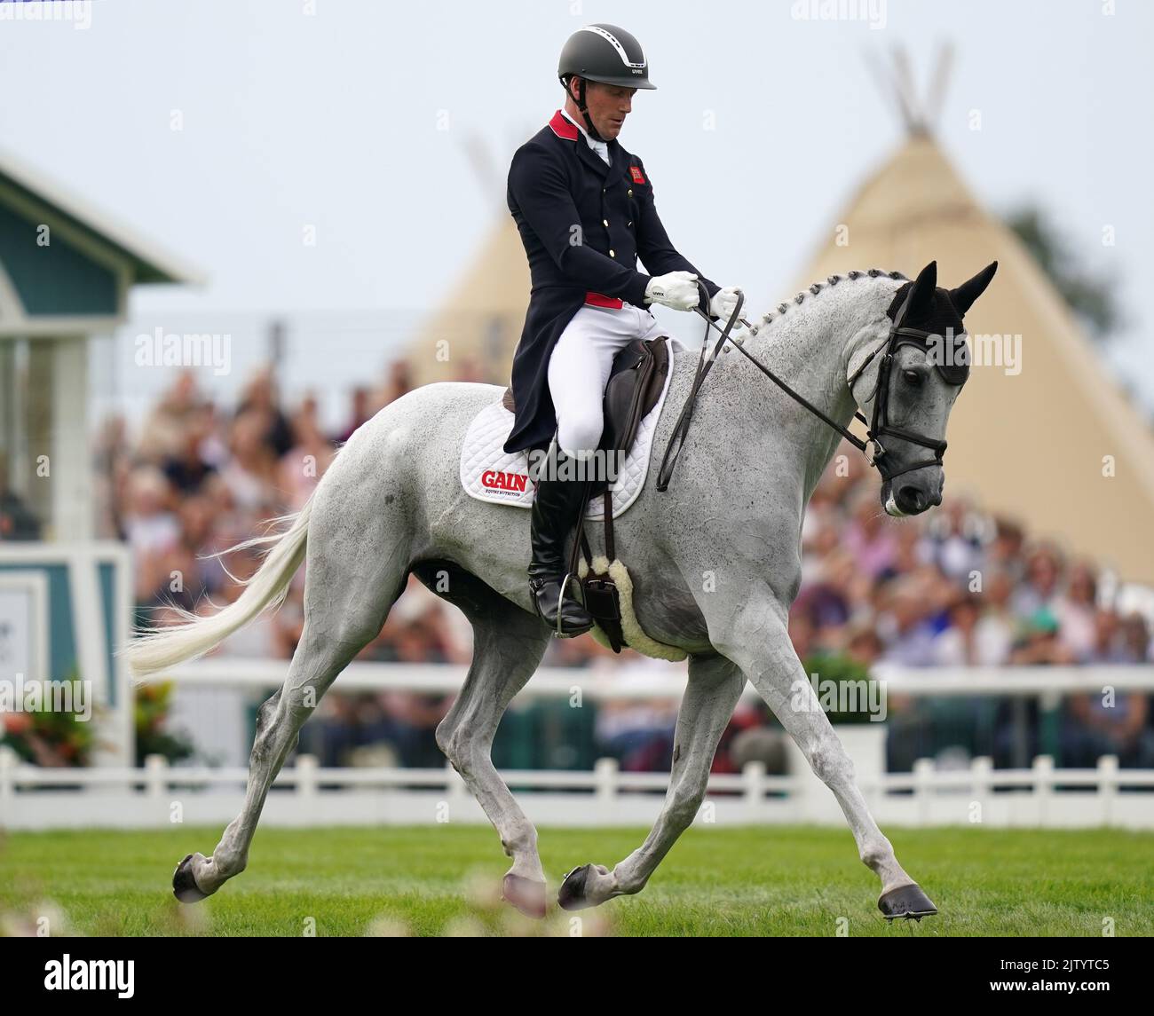 Swallow Springs ridden by Oliver Townend in the Dressage event during day two of the Land Rover Burghley Horse Trials 2022 in Stamford, Lincolnshire. Picture date: Friday September 2, 2022. Stock Photo
