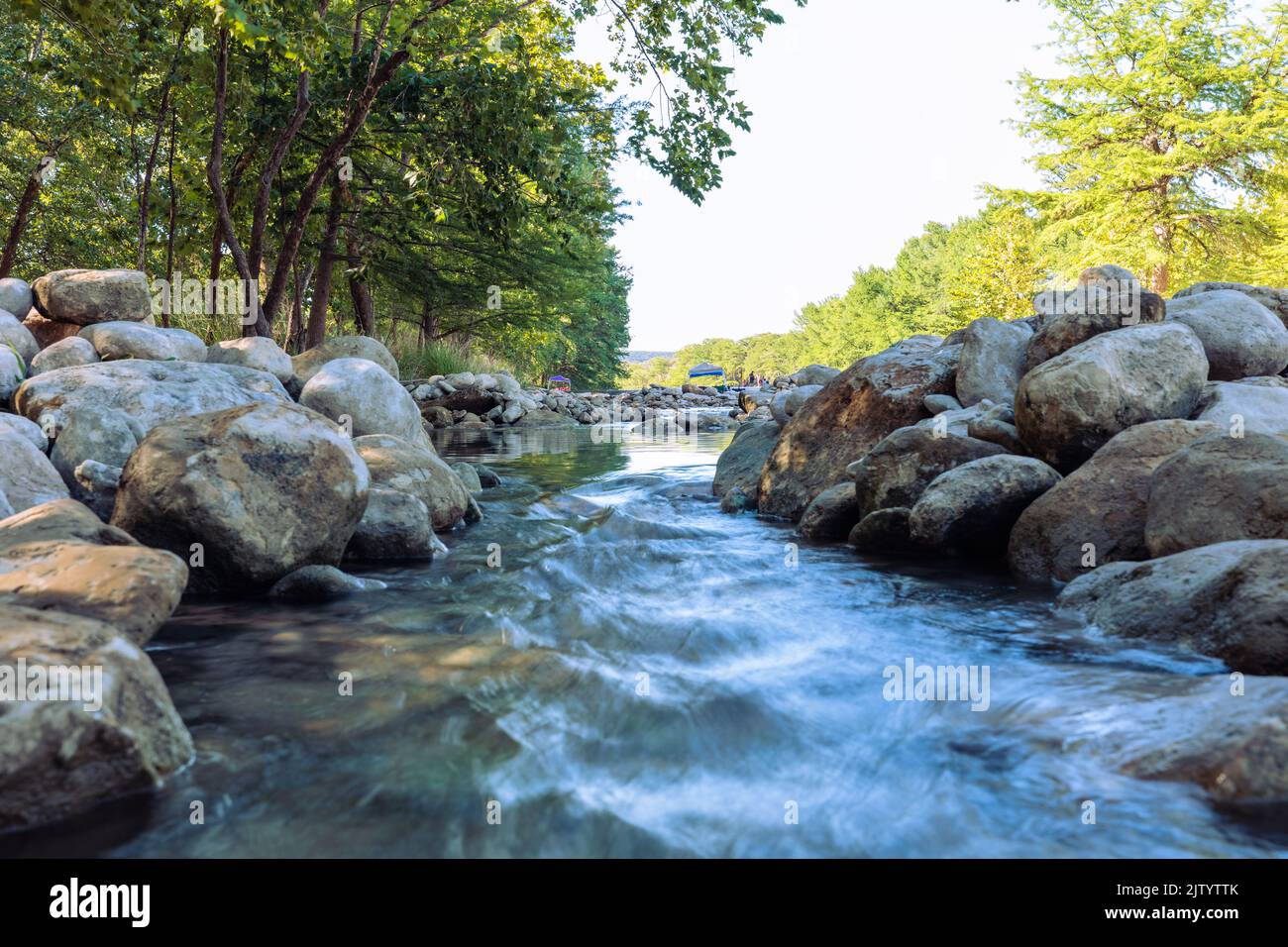 Right above the water shot of the Frio River during a low season Stock