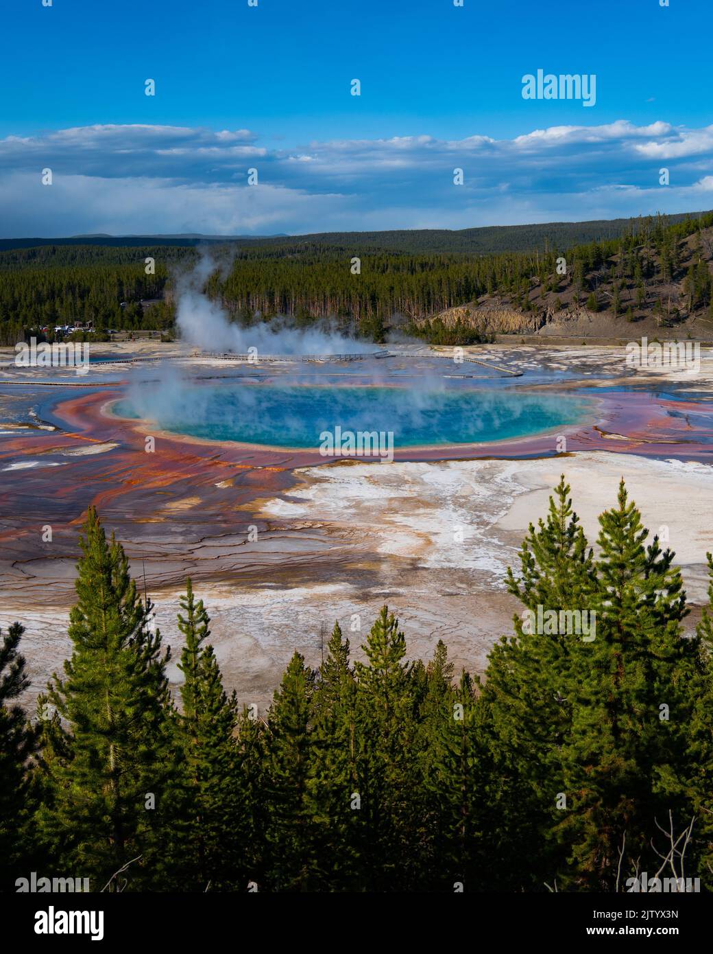 a grand prismatic spring showing many colors throughout circle with steam coming out Stock Photo