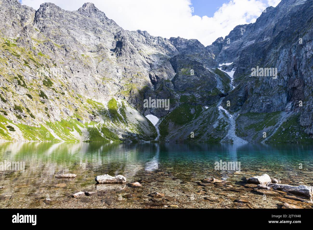 Black Lake is a mountain lake on the Polish side of Mount Rysy in the Tatra mountains Stock Photo
