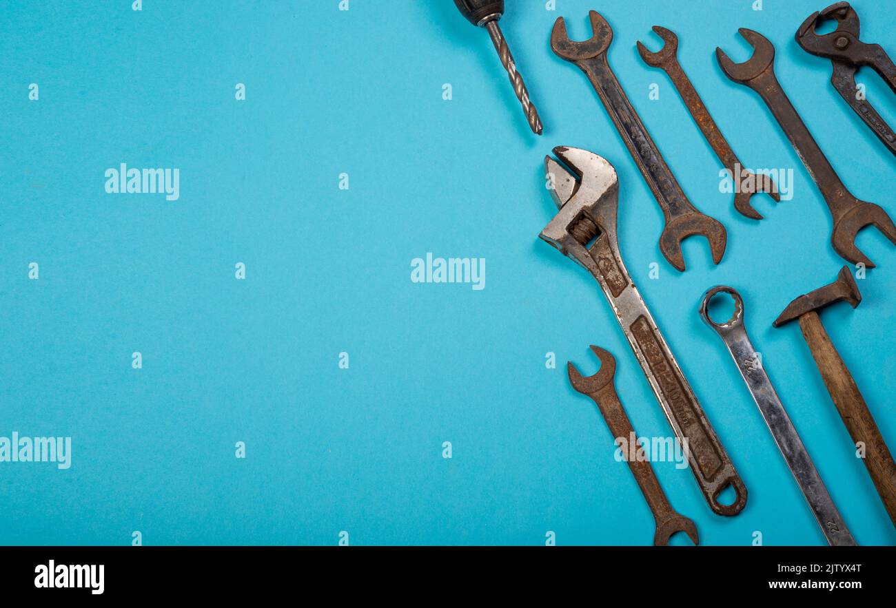 Different hardware tools on blue banner template with copy space. Stock Photo