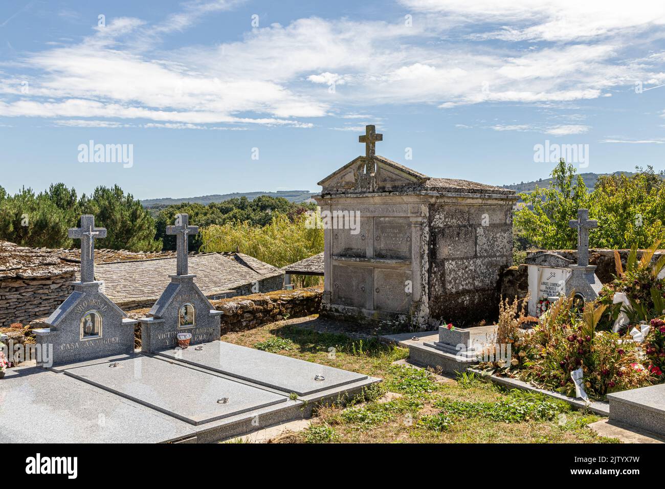 Boveda de Mera, Spain. The church graveyard or cemetery Stock Photo