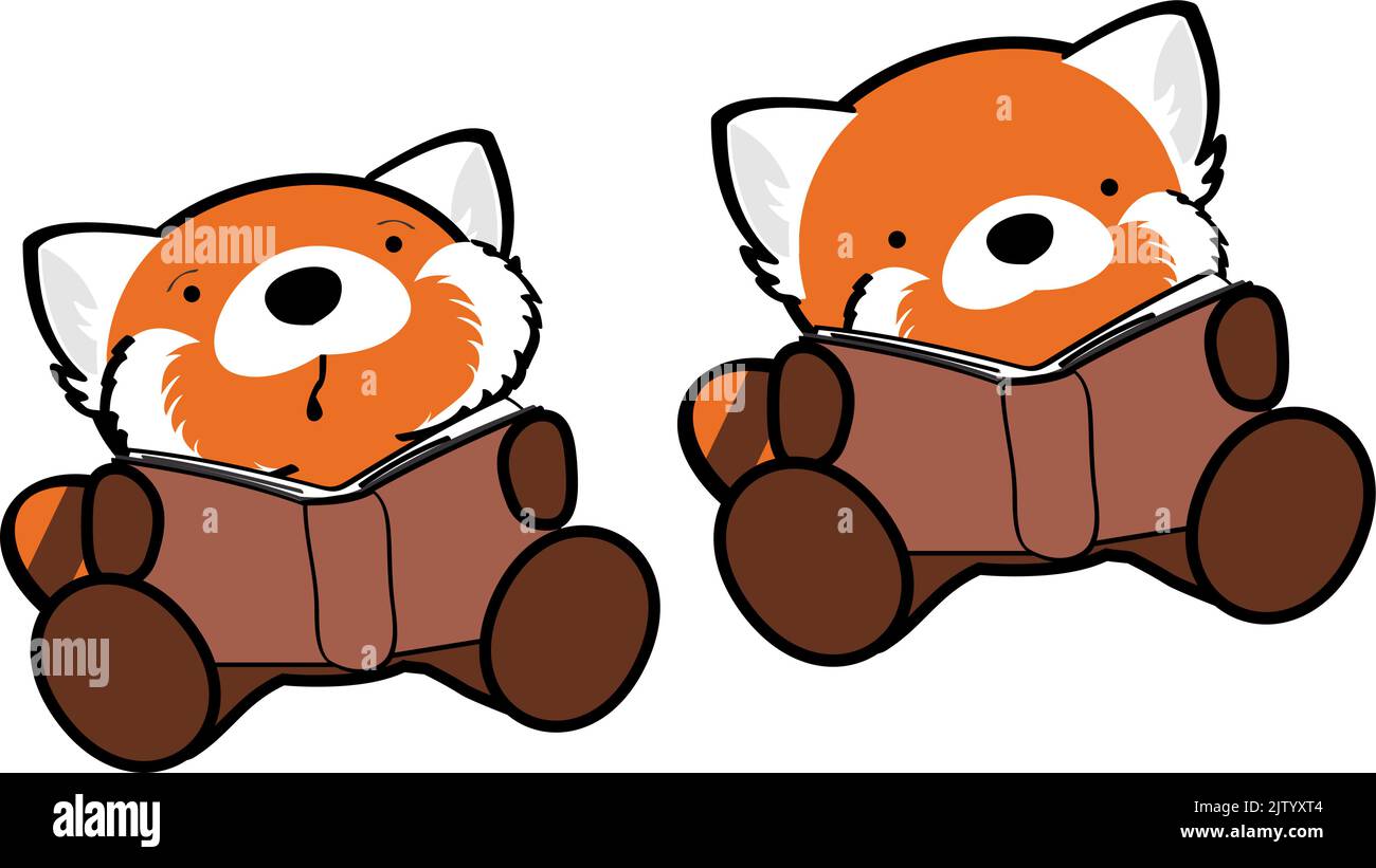 learning cute baby red panda character cartoon sitting reading set in