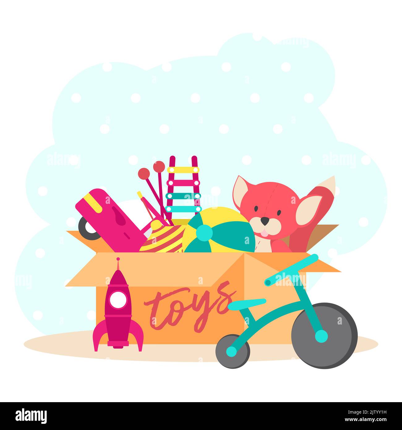 Toy Box, full of children´s toys including fox, Ball, car, rocket