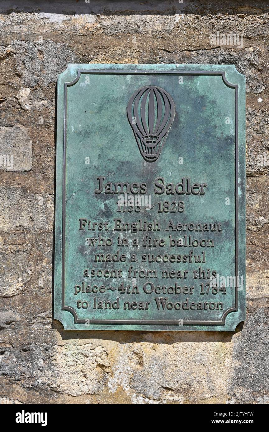 Commemorative plaque to James Sadler, balloonist, Christ Church Meadow, Oxford Stock Photo