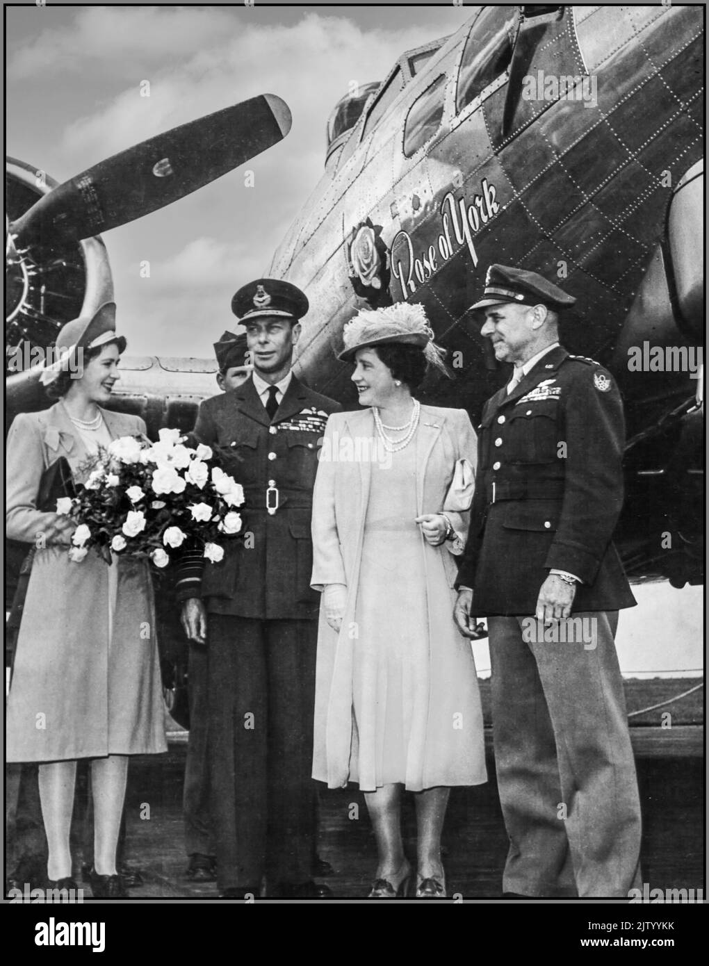 WW2 HRH The Princess Elizabeth with His Majesty King George VI, Marshal of the Royal Air Force along with Her Majesty Queen Angela Marguerite Bowes-Lyon Elizabeth beside Lieutenant General James H. Doolittle, US Army Air Forces, commanding Eighth Air Force, On Saturday, 3 February 1945, the Eighth Air Force, under the command of Lieutenant General James Harold (“Jimmy”) Doolittle, executed Mission No. 817. with 1,003 B-17 Flying Fortresses, The B-17s’ primary target was  Berlin's railroad in Nazi Germany Stock Photo