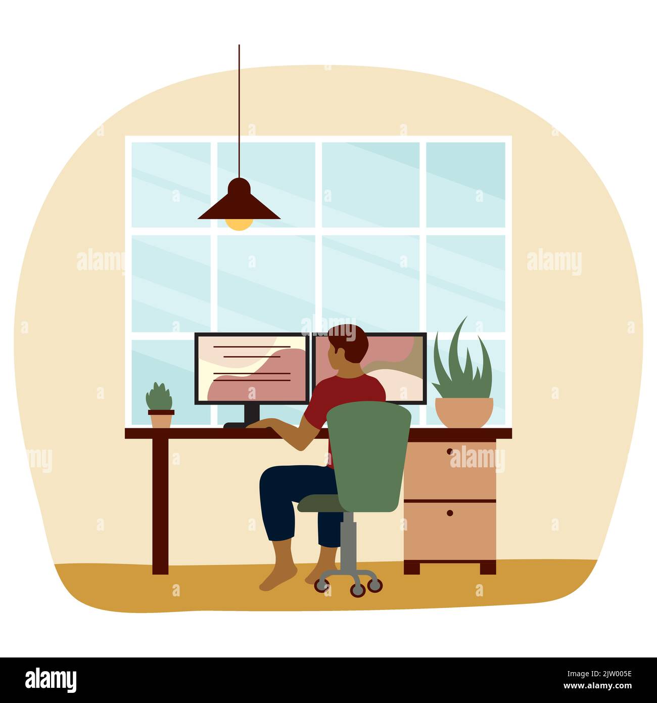 Man works at home sitting at table in front of computer screen. Freelancer working at computer at home. Home office concept near window. Stock Vector