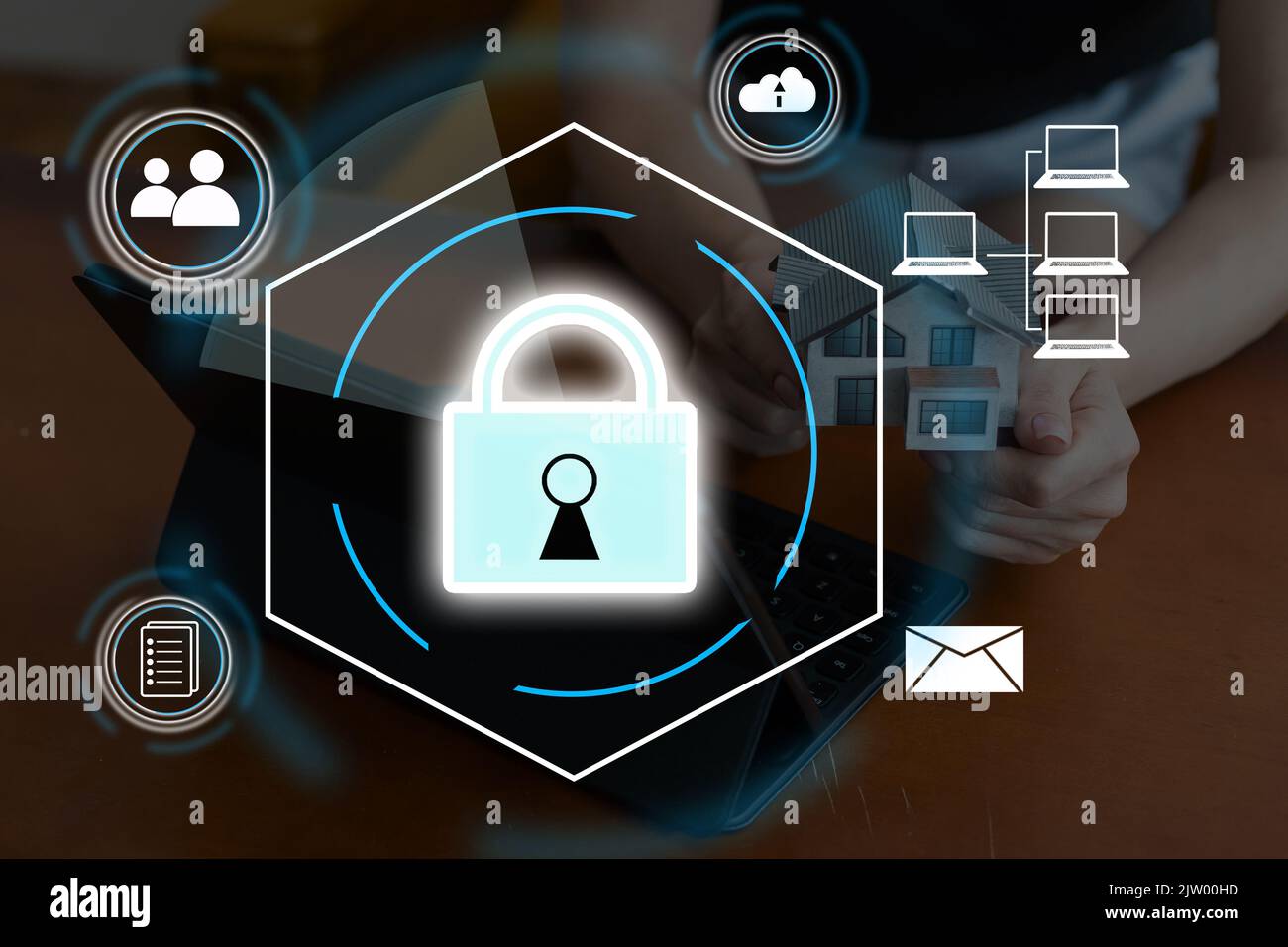 Cybersecurity and privacy concepts to protect data. Lock icon and internet network security technology. Businessman protecting personal data on smart Stock Photo