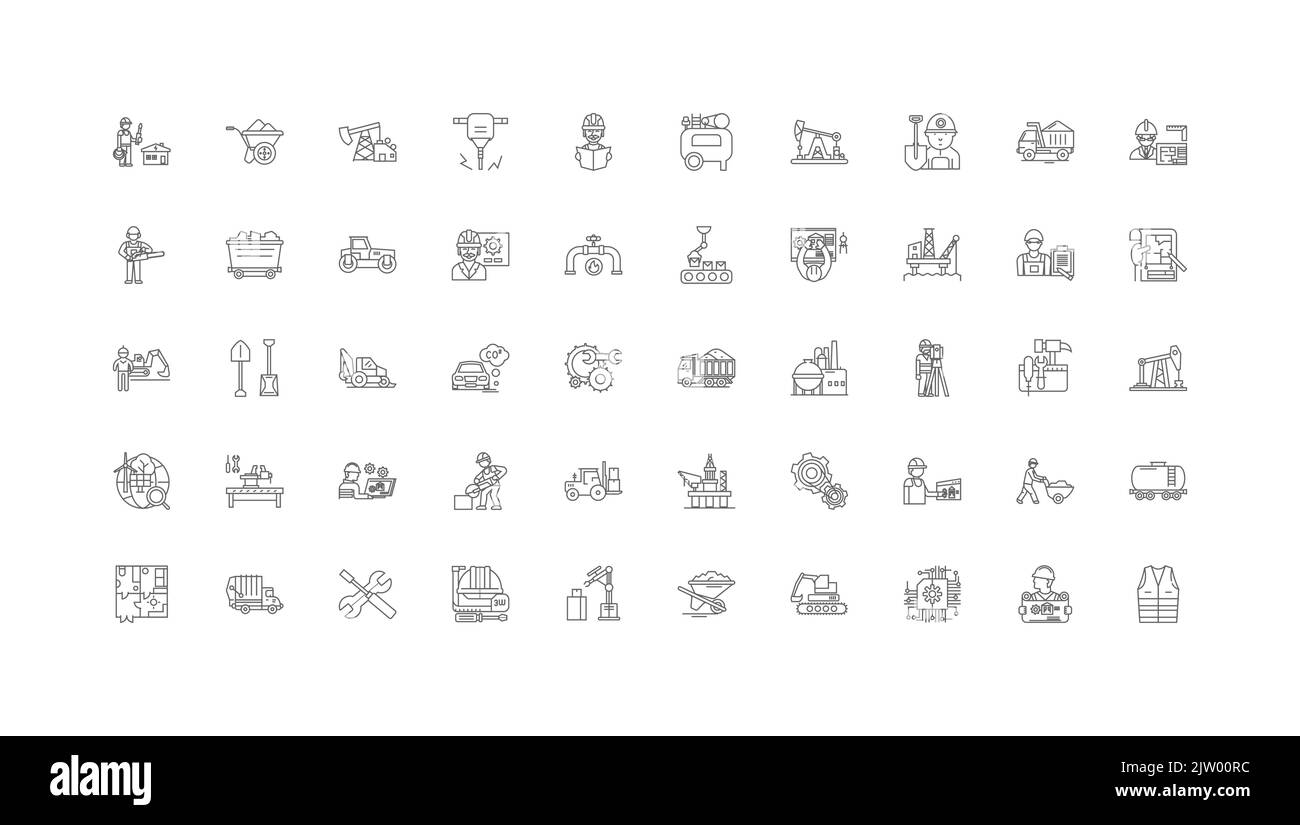 Mining concept illustration, linear icons, line signs set, vector collection Stock Vector