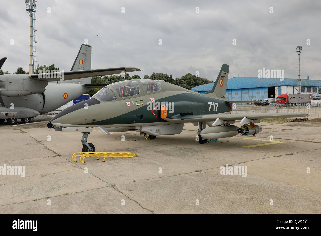 Bucharest, Romania - September 2, 2022: The IAR 99 Șoim (Hawk) of the Romanian Air Forces on the Aurel Vlaicu airport in Bucharest. Stock Photo