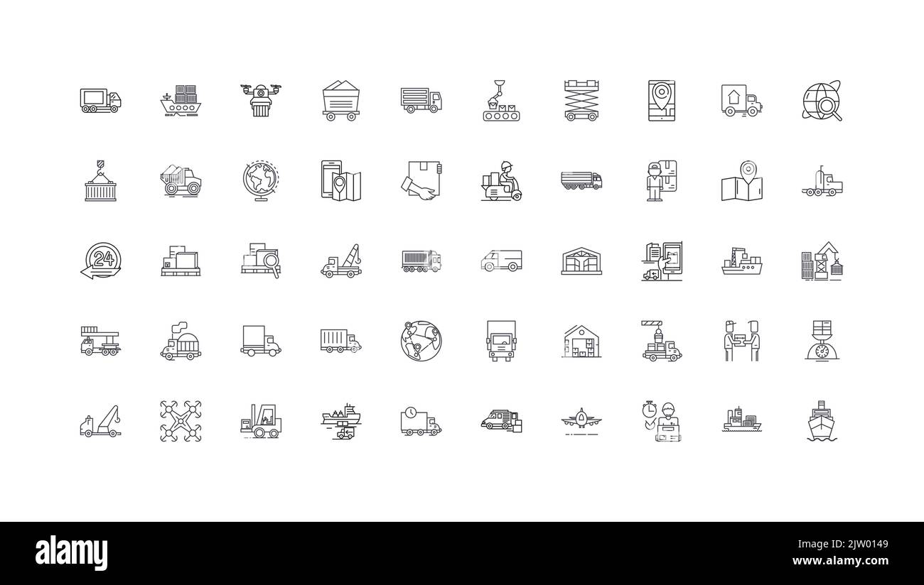 Logistics concept illustration, linear icons, line signs set, vector collection Stock Vector