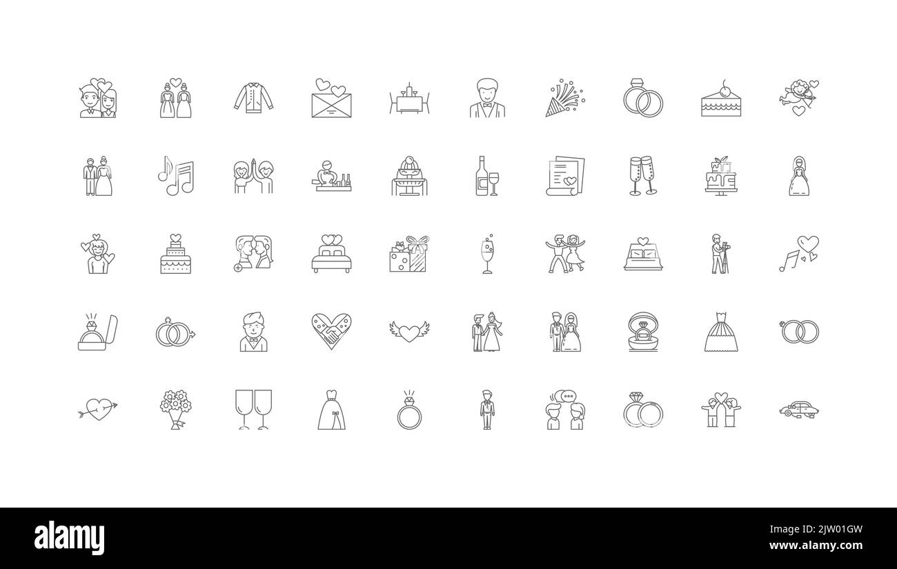 Wedding concept illustration, linear icons, line signs set, vector ...