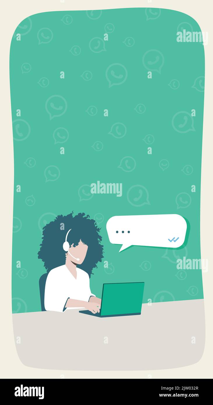 Whatsapp Vertical banner template with copy space. Call center brunette woman working and talking on the phone while typing on the computer. Stock Vector
