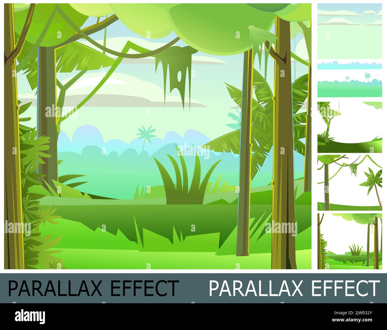 Rain forest. Dense thickets. View from the jungle Tropical forest panorama. Image from layers for overlay with parallax effect. Southern Rural Scenery Stock Vector