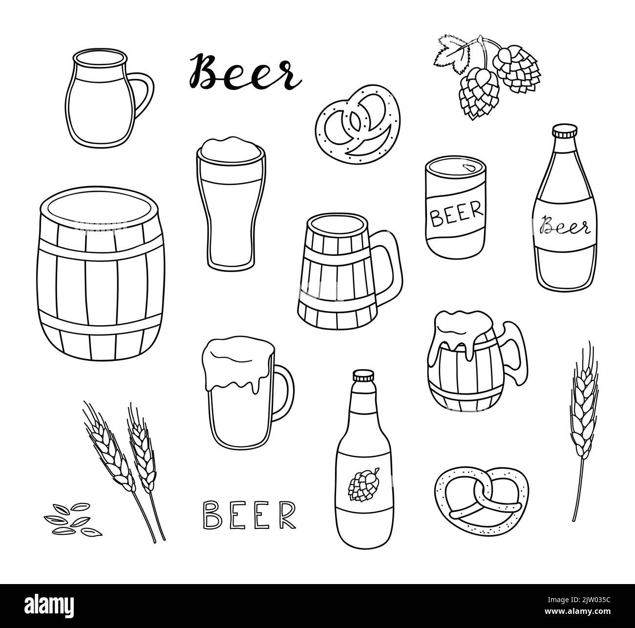 Set of hand drawn outline beer in mug, bottle, can and wooden keg