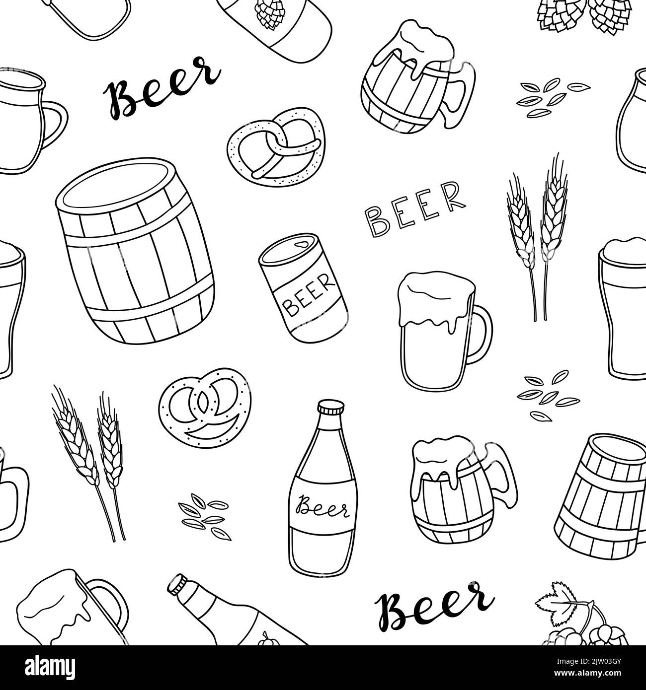 Black and white seamless pattern with hand drawn outline beer, brezel ...