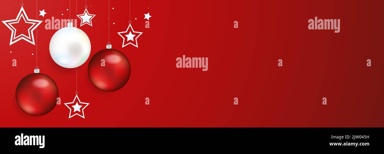 christmas balls and white stars design banner Stock Photo
