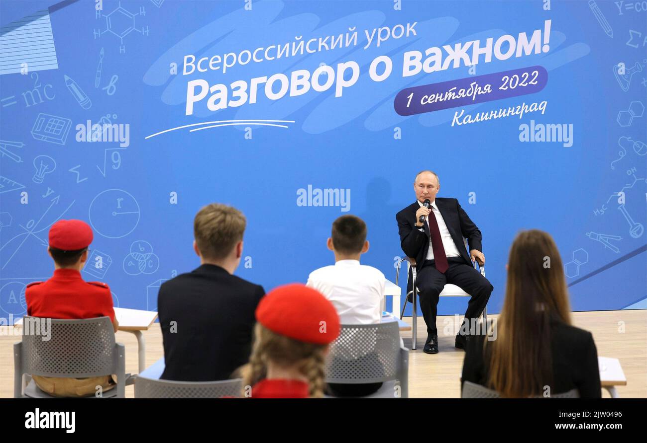 Kaliningrad, Russia. 01st Sep, 2022. Russian President Vladimir Putin, holds an open lesson with the winners of cultural, scientific and sports student competitions at the Museum and Theatre Educational Complex, September 1, 2022 in Kaliningrad, Russia. Credit: Gavriil Grigorov/Kremlin Pool/Alamy Live News Stock Photo