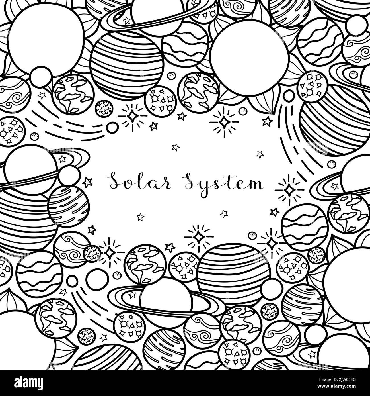 Square background with hand drawn uncolored planets, stars of the Solar System and lettering. Detailed frame design. Used clipping mask. Stock Vector