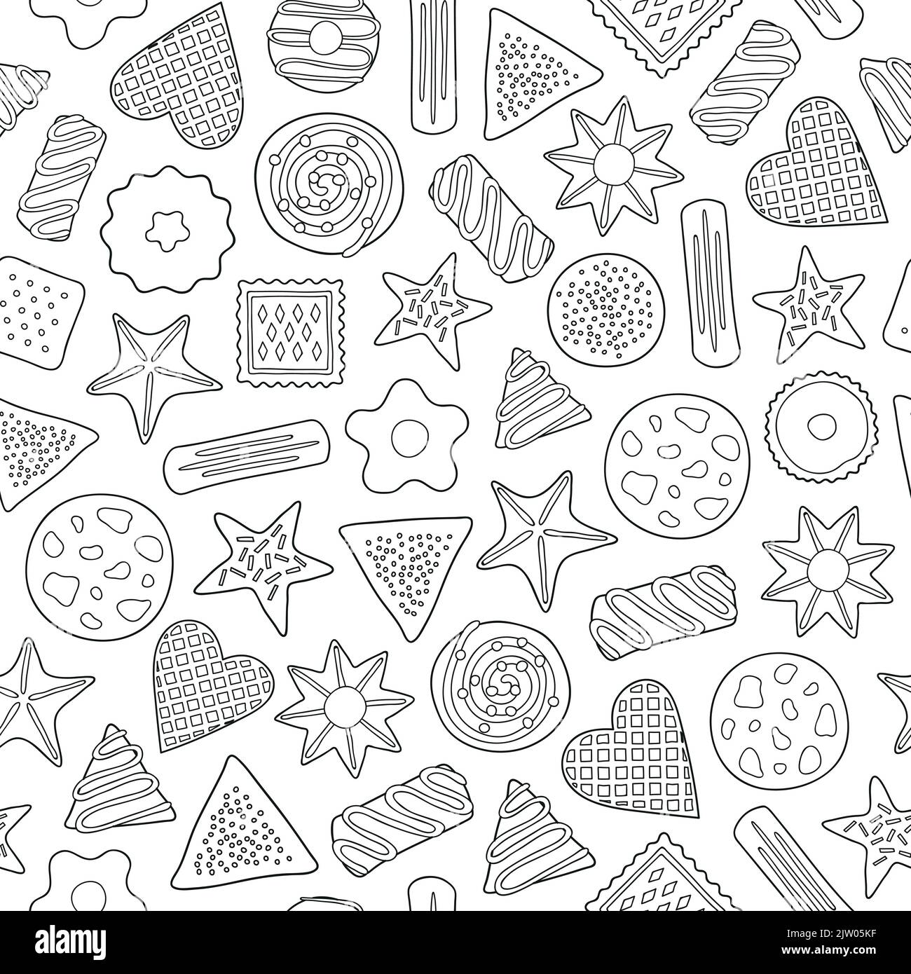 Black and white seamless pattern with different outline doodle cookies ...
