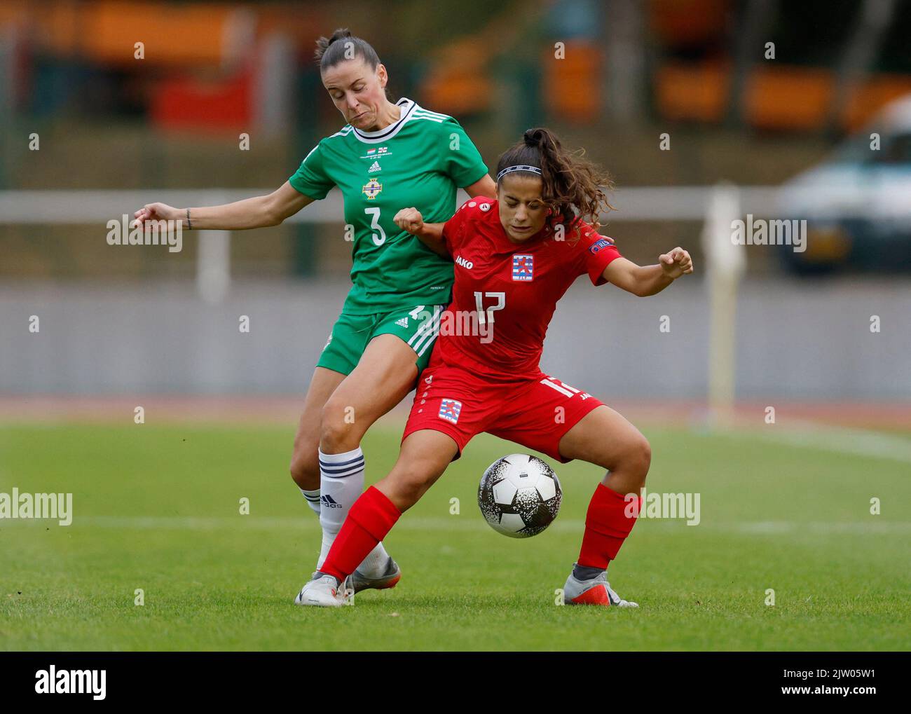 Soccer Football - FIFA Women's World Cup Australia and New Zealand - UEFA Qualifiers - Group D - Luxembourg v Northern Ireland - Stade Emile Mayrisch, Esch-sur-Alzette, Luxembourg - September 2, 2022 Luxembourg's Caroline Magalhaes in action with Northern Ireland's Demi Vance REUTERS/Gonzalo Fuentes Stock Photo