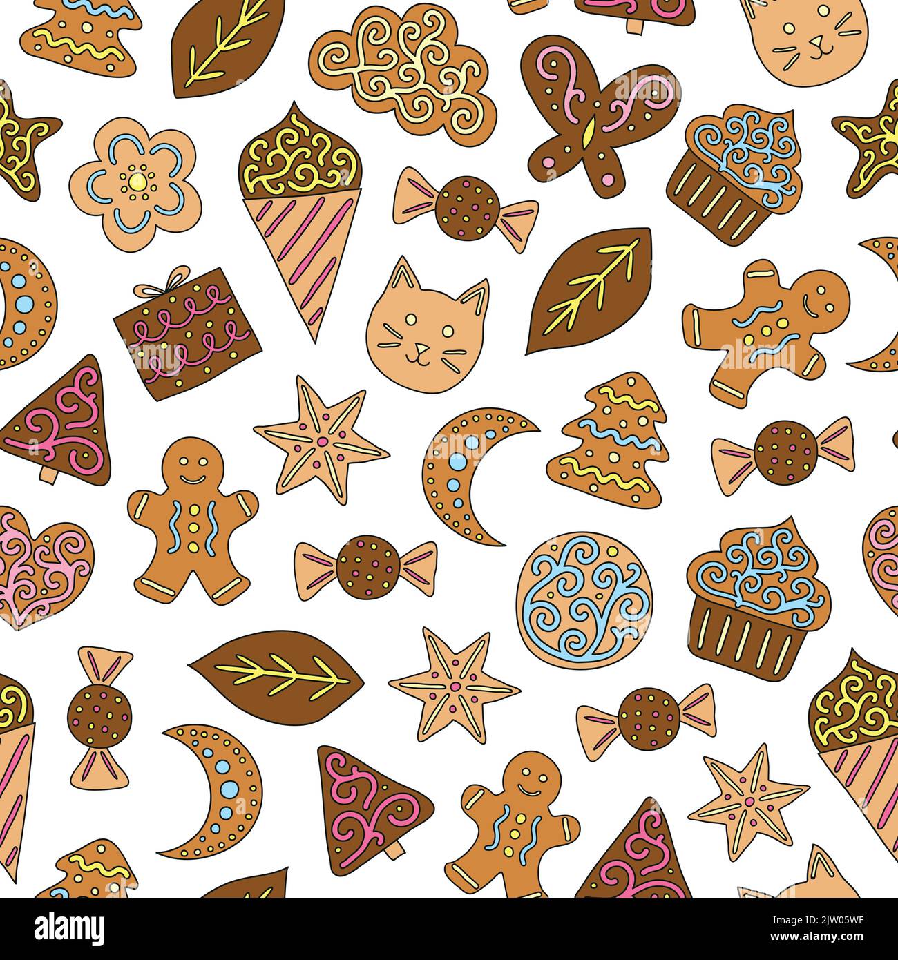 Seamless pattern with hand drawn cute colored cookies. Stock Vector