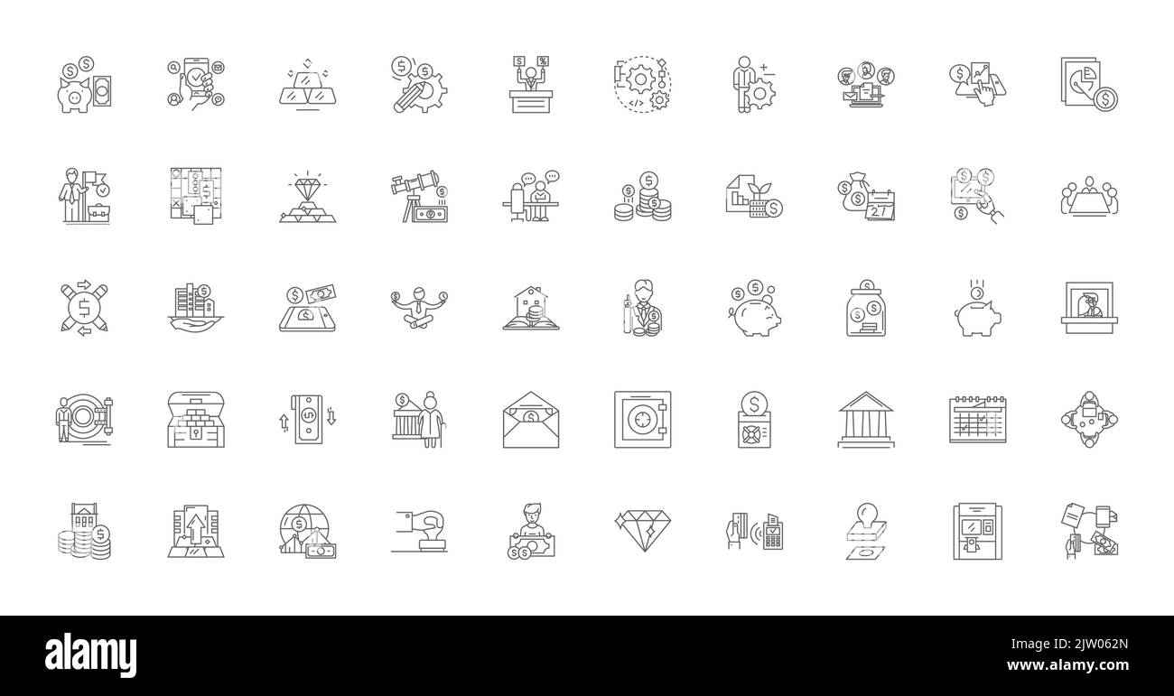 Bank concept illustration, linear icons, line signs set, vector collection Stock Vector