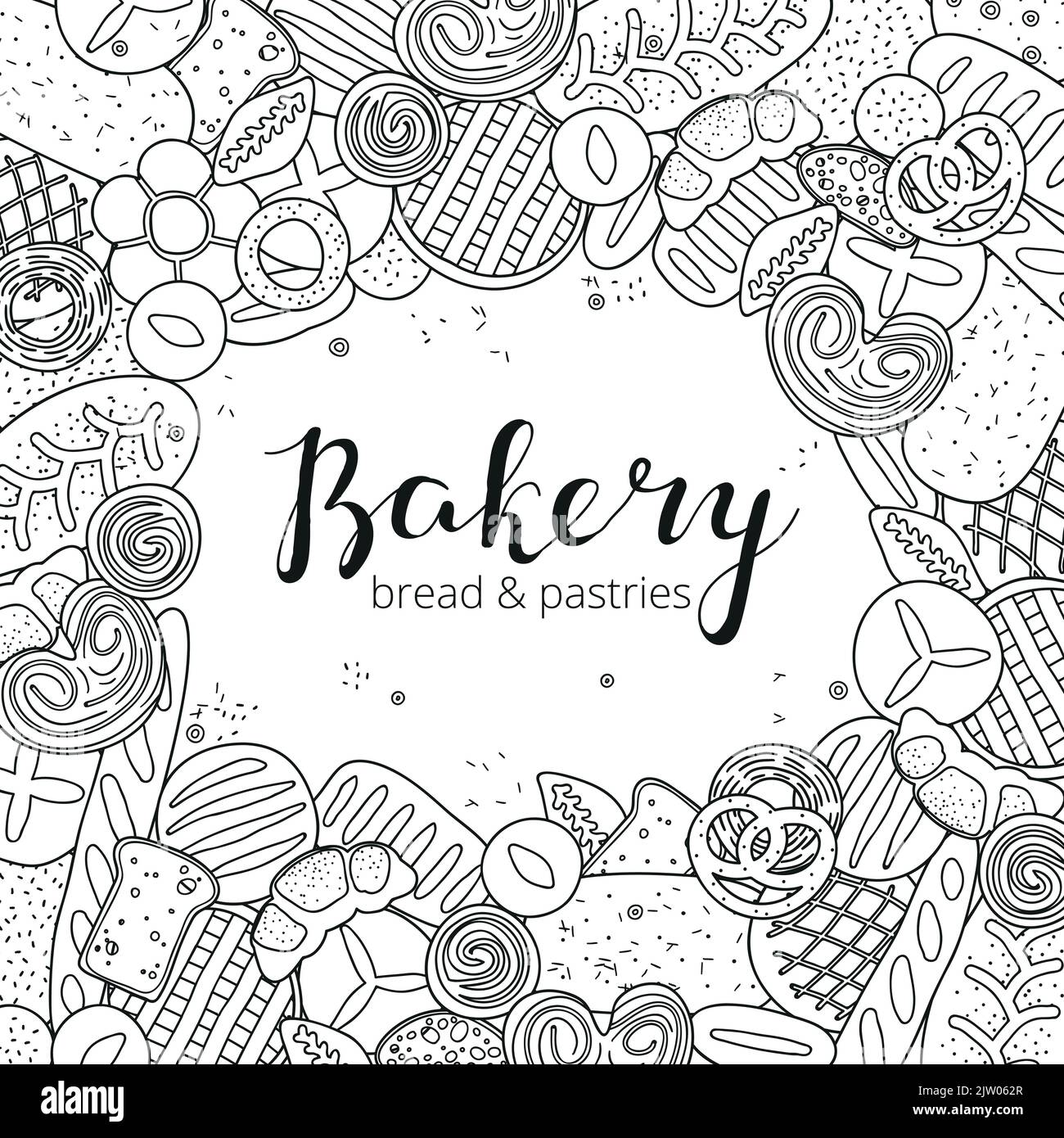 Square background with hand drawn uncolored bread, pastries and ...