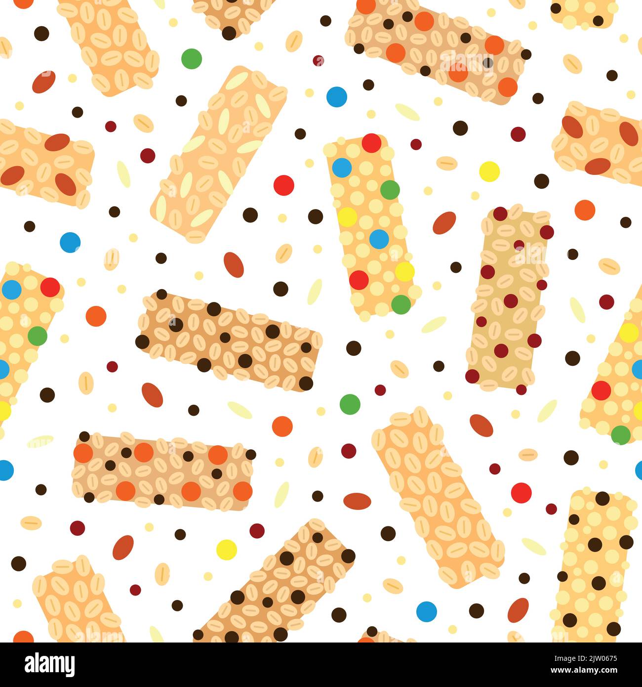 Seamless pattern with different flat colorful granola bars. Stock Vector
