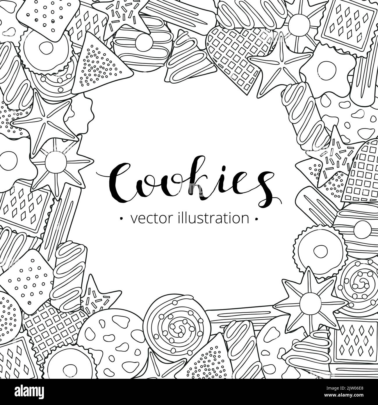 Square background with hand drawn uncolored cookies and lettering ...