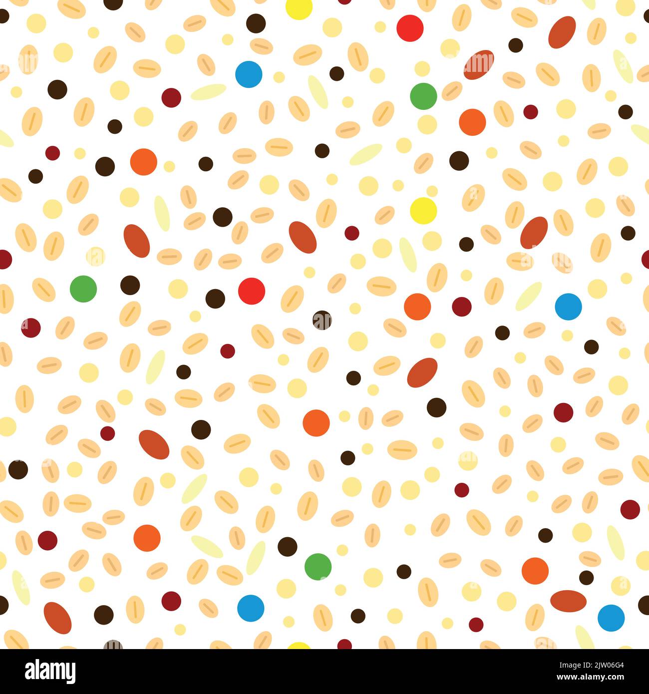 Seamless pattern with flat colorful oat flakes, seeds, candies. Stock Vector