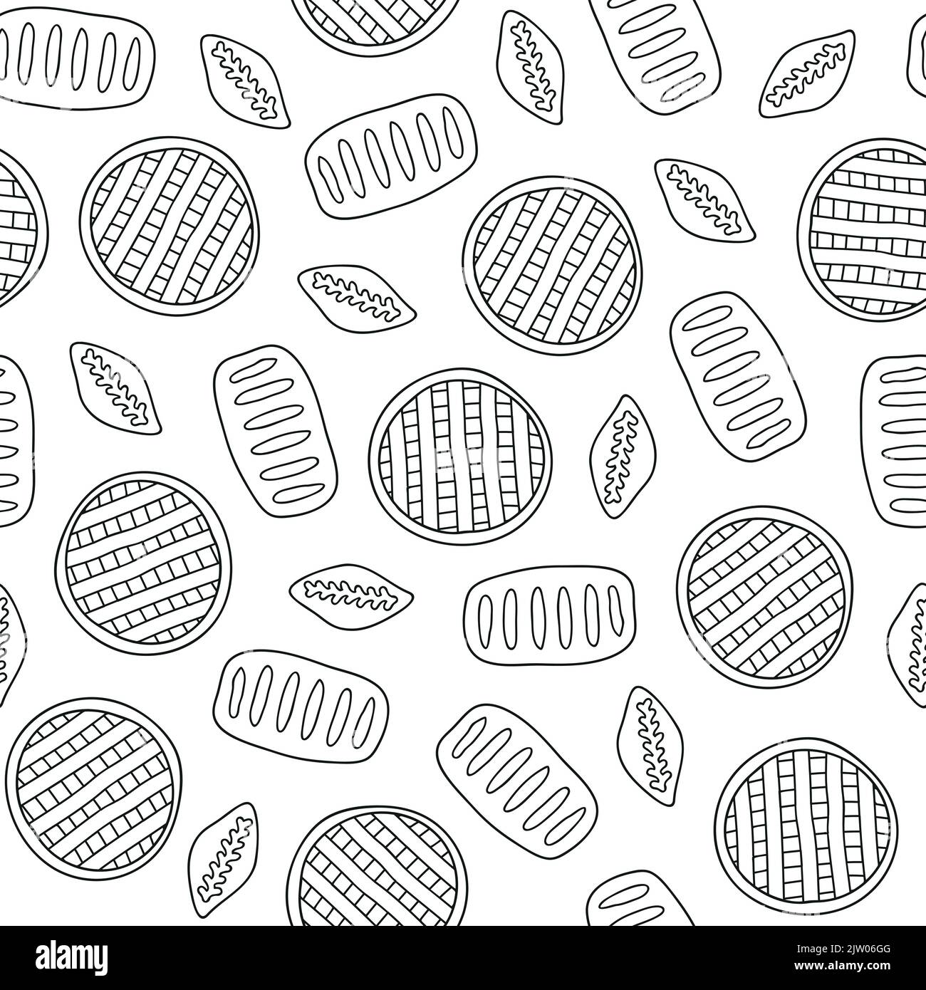 Black and white seamless pattern with hand drawn outline pies, buns ...