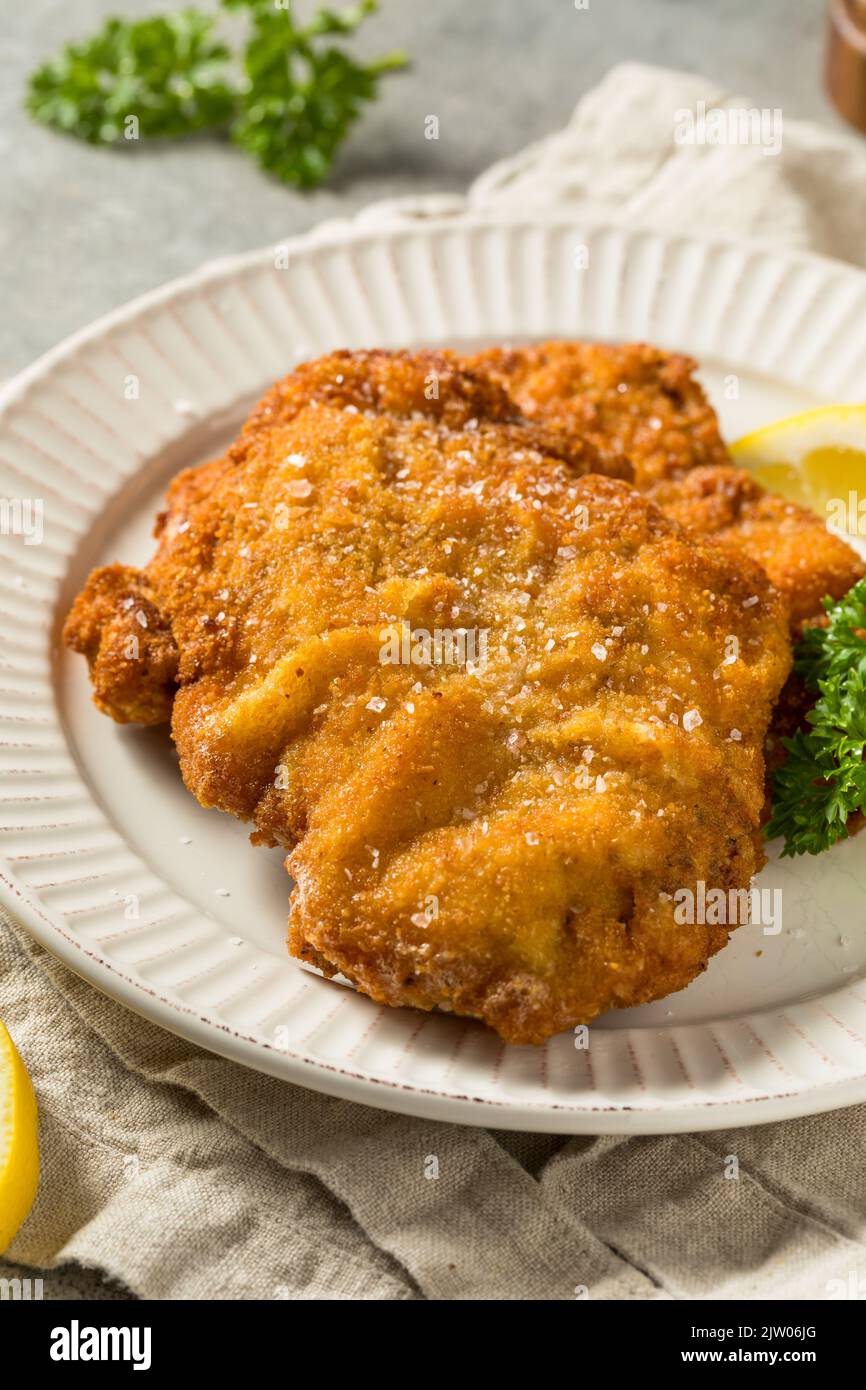 Homemade Deep Fried German Pork Schnitzel with Salt and Lemon Stock