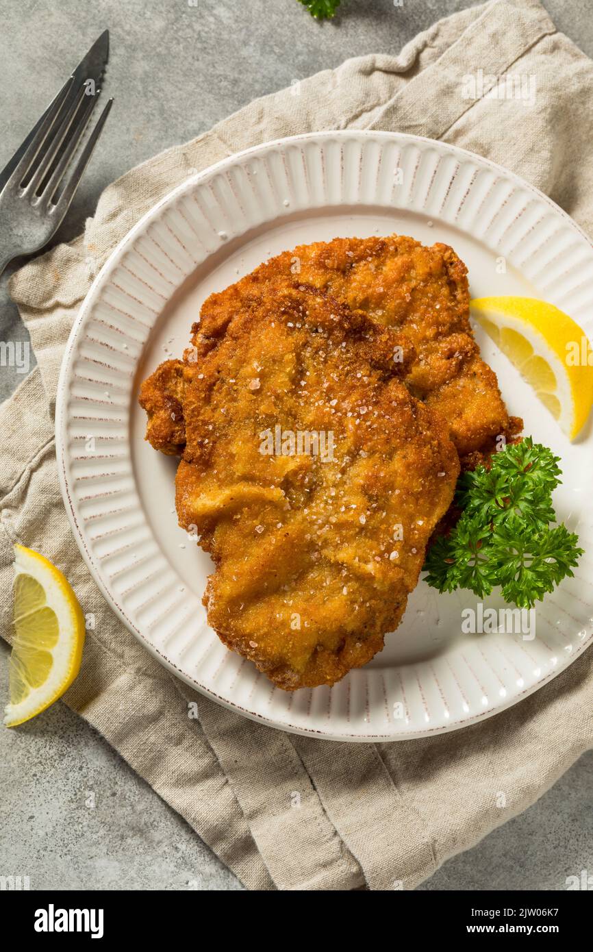 Homemade Deep Fried German Pork Schnitzel with Salt and Lemon Stock