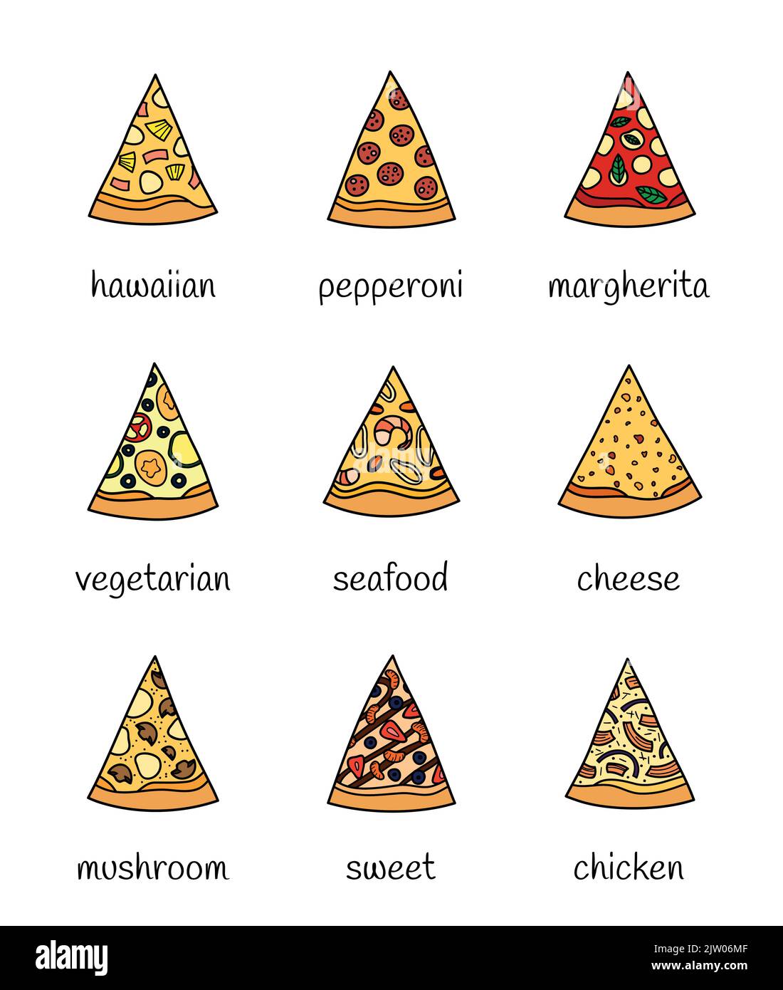 Set of different doodle colored pizza slices isolated on white background with names Stock