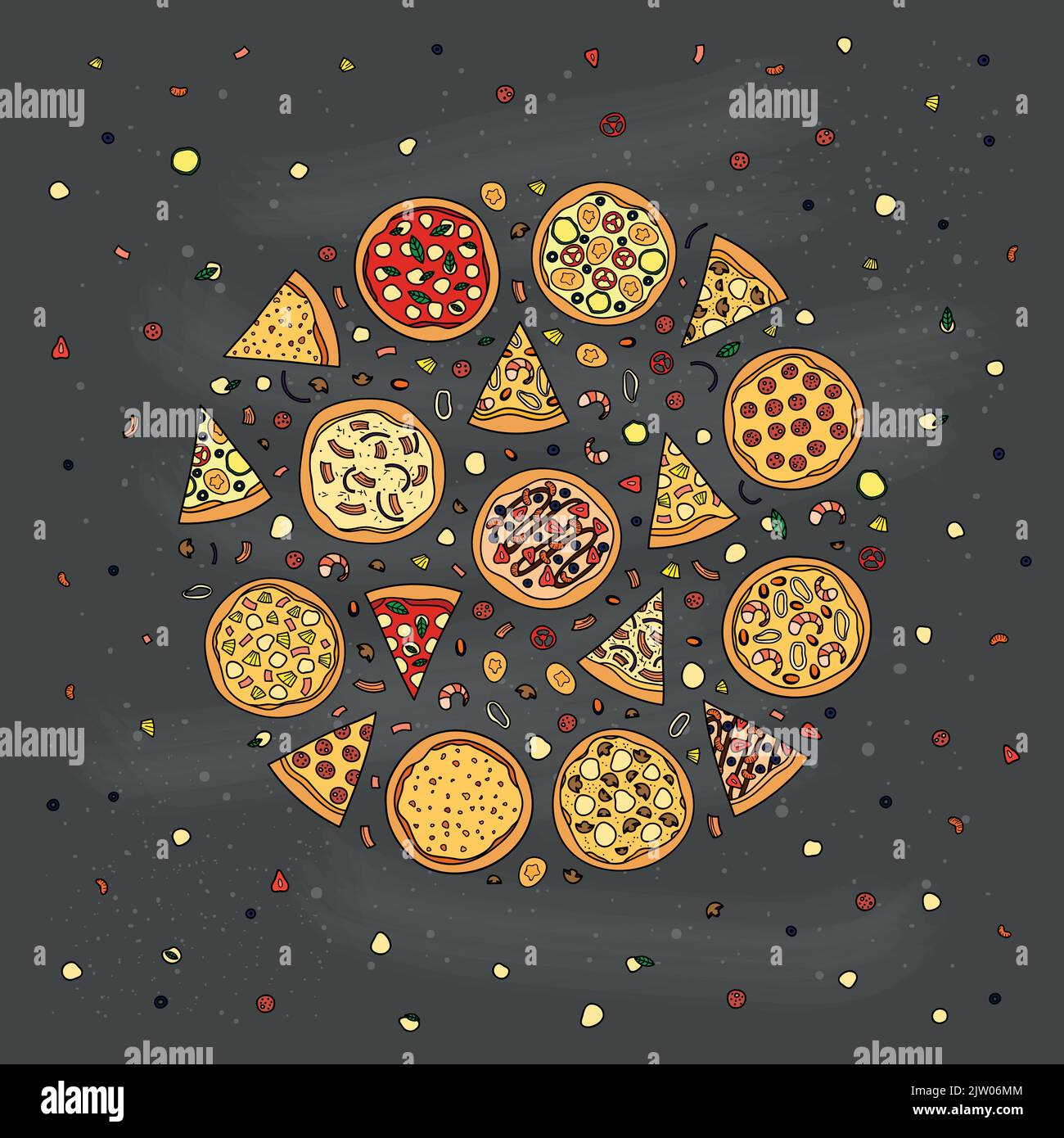 Different doodle colored pizza with ingredients composed in circle