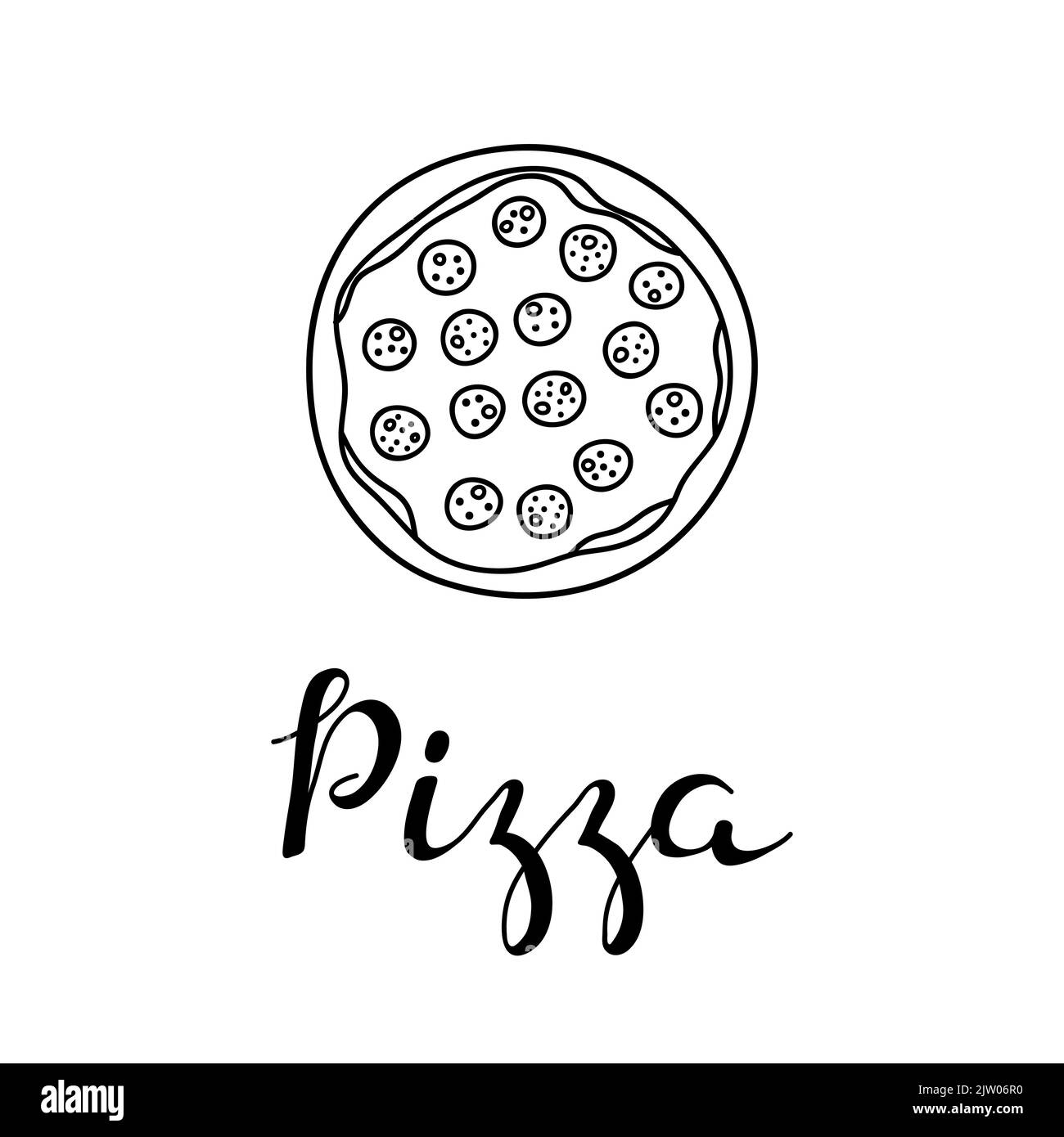 Hand drawn outline whole pepperoni pizza with lettering isolated on