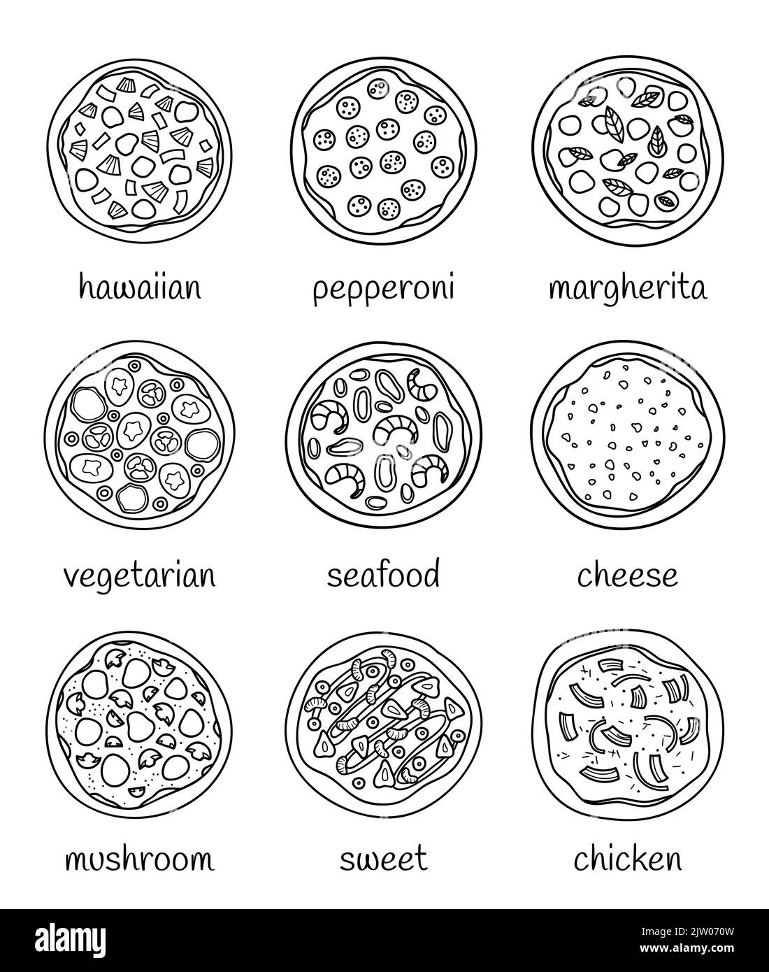 Set of different doodle outline pizza isolated on white background with names. Stock Vector