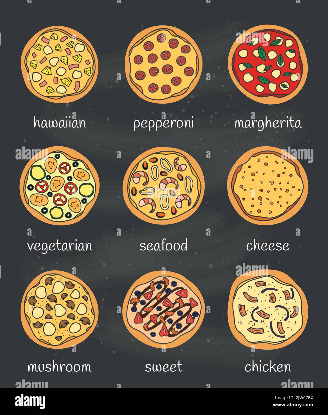 Set of different doodle colored pizza isolated on chalkboard background