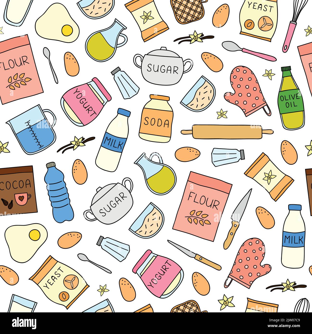 Seamless pattern with doodle colored cooking, baking ingredients. Stock Vector