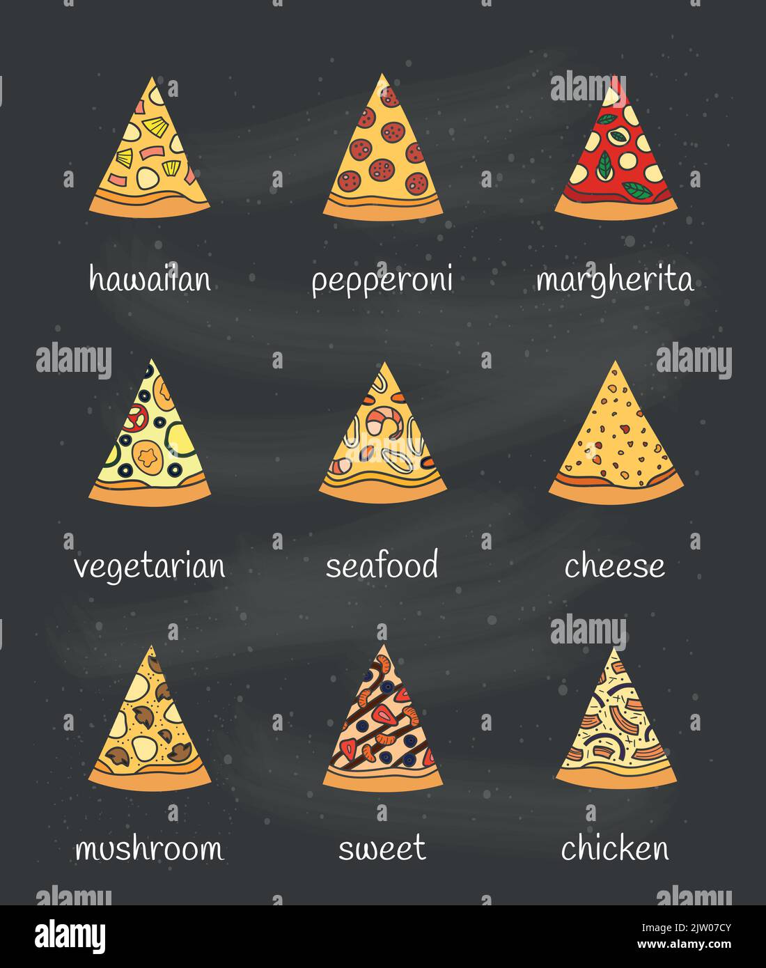 Set of different doodle colored pizza slices isolated on chalkboard