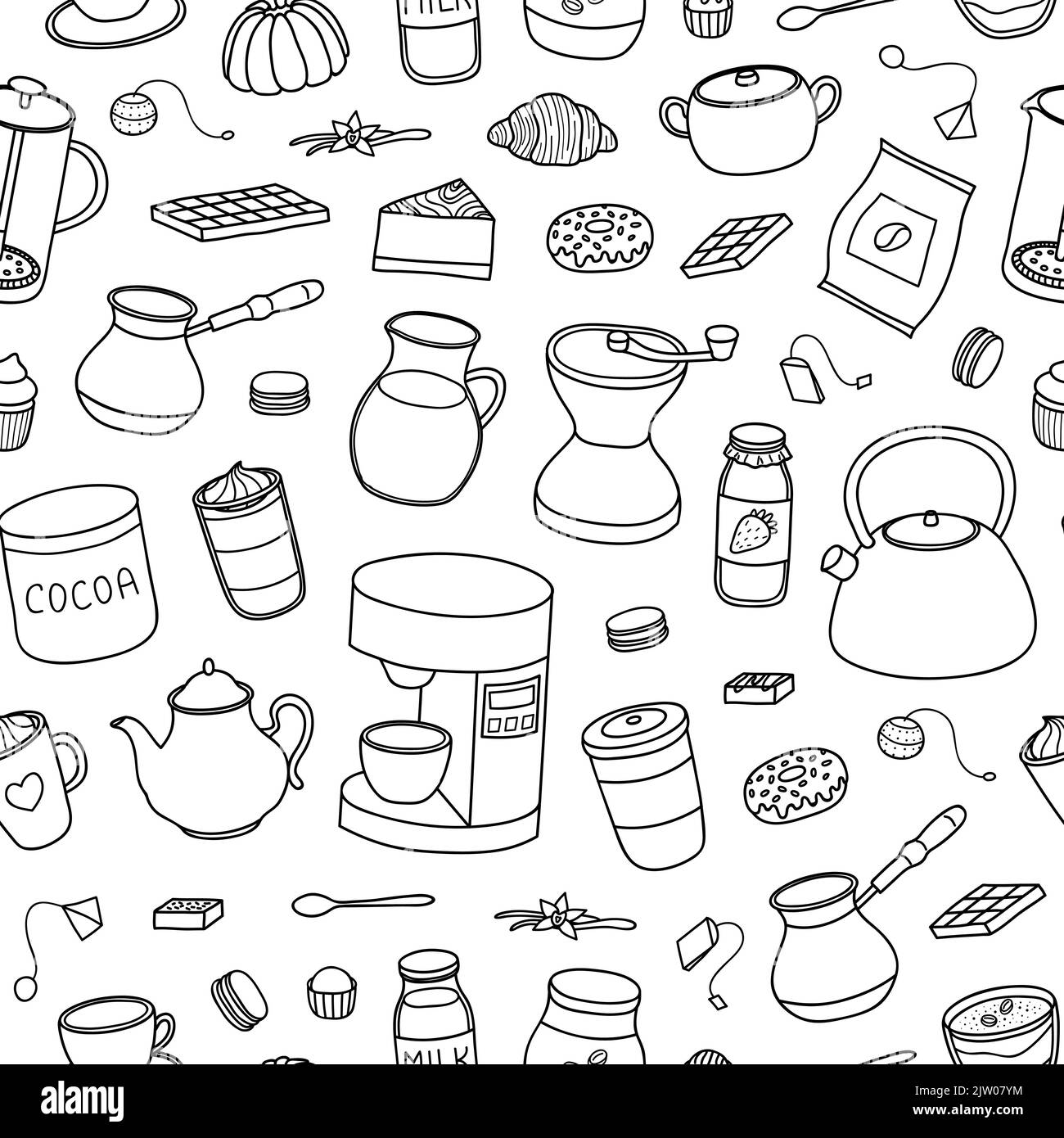 Black and white seamless pattern with hand drawn outline coffee, tea ...