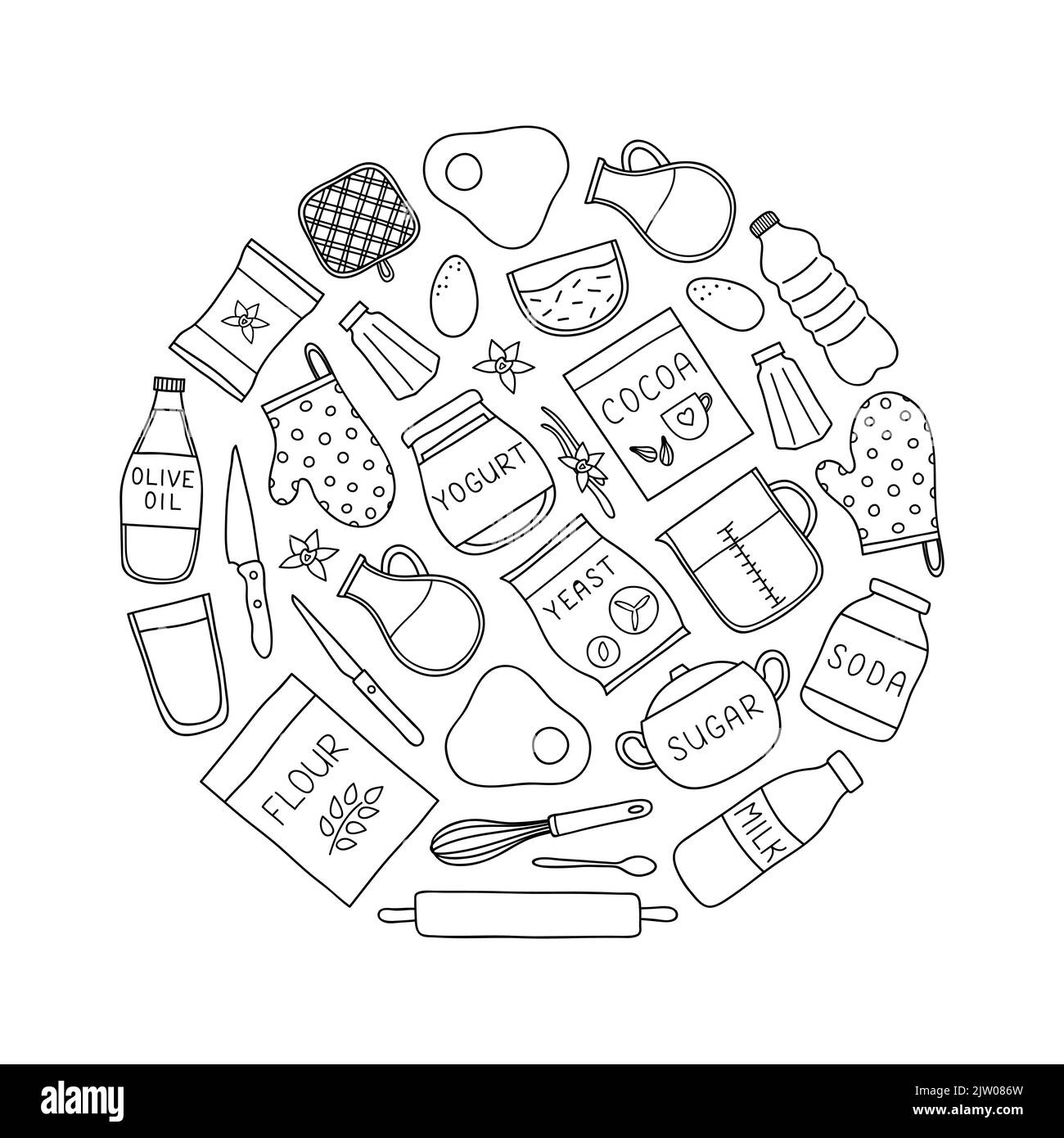 Doodle outline cooking, baking ingredients composed in circle shape