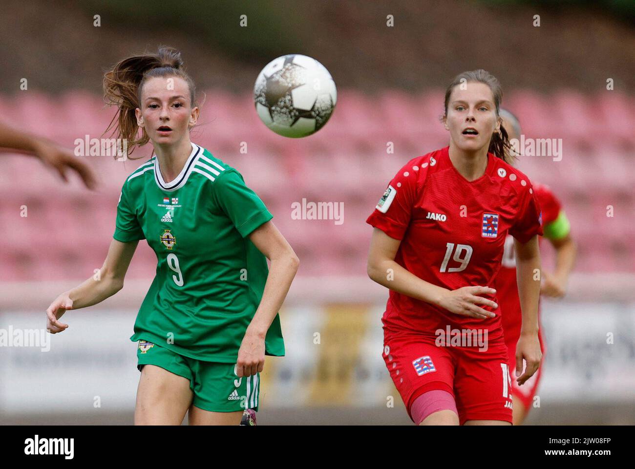 Soccer Football - FIFA Women's World Cup Australia and New Zealand - UEFA Qualifiers - Group D - Luxembourg v Northern Ireland - Stade Emile Mayrisch, Esch-sur-Alzette, Luxembourg - September 2, 2022 Luxembourg's Catherine Have in action with  Northern Ireland's Caitlin McGuinness REUTERS/Gonzalo Fuentes Stock Photo