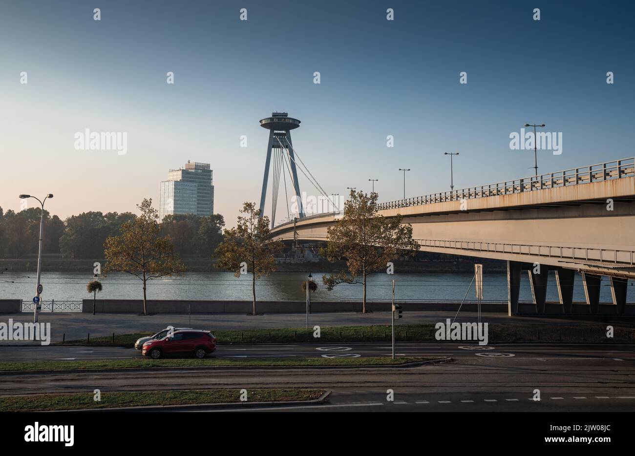 SNP Bridge and UFO Tower - Bratislava, Slovakia Stock Photo