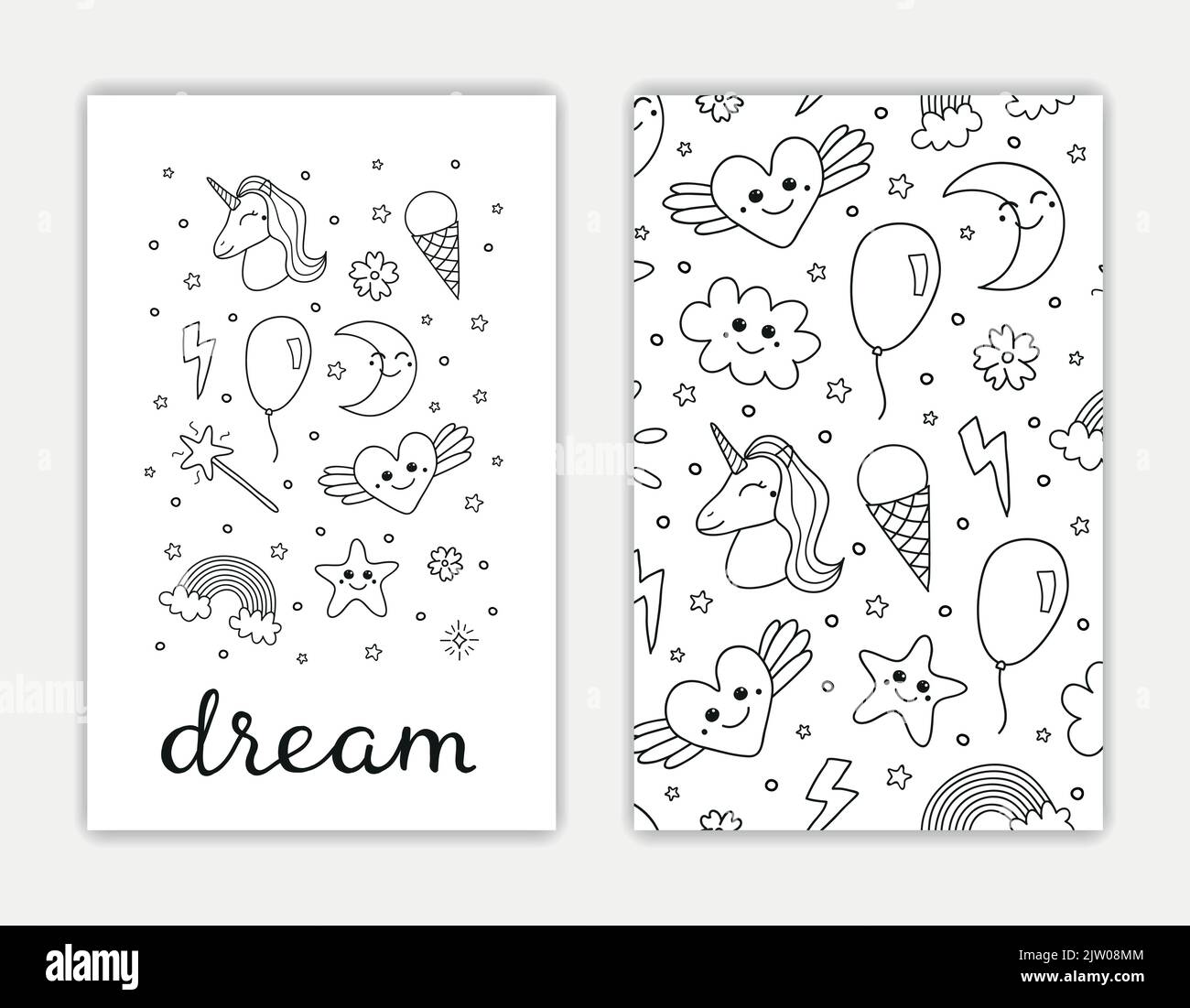 Card templates with hand drawn outline cute items and lettering. Used clipping mask. Stock Vector